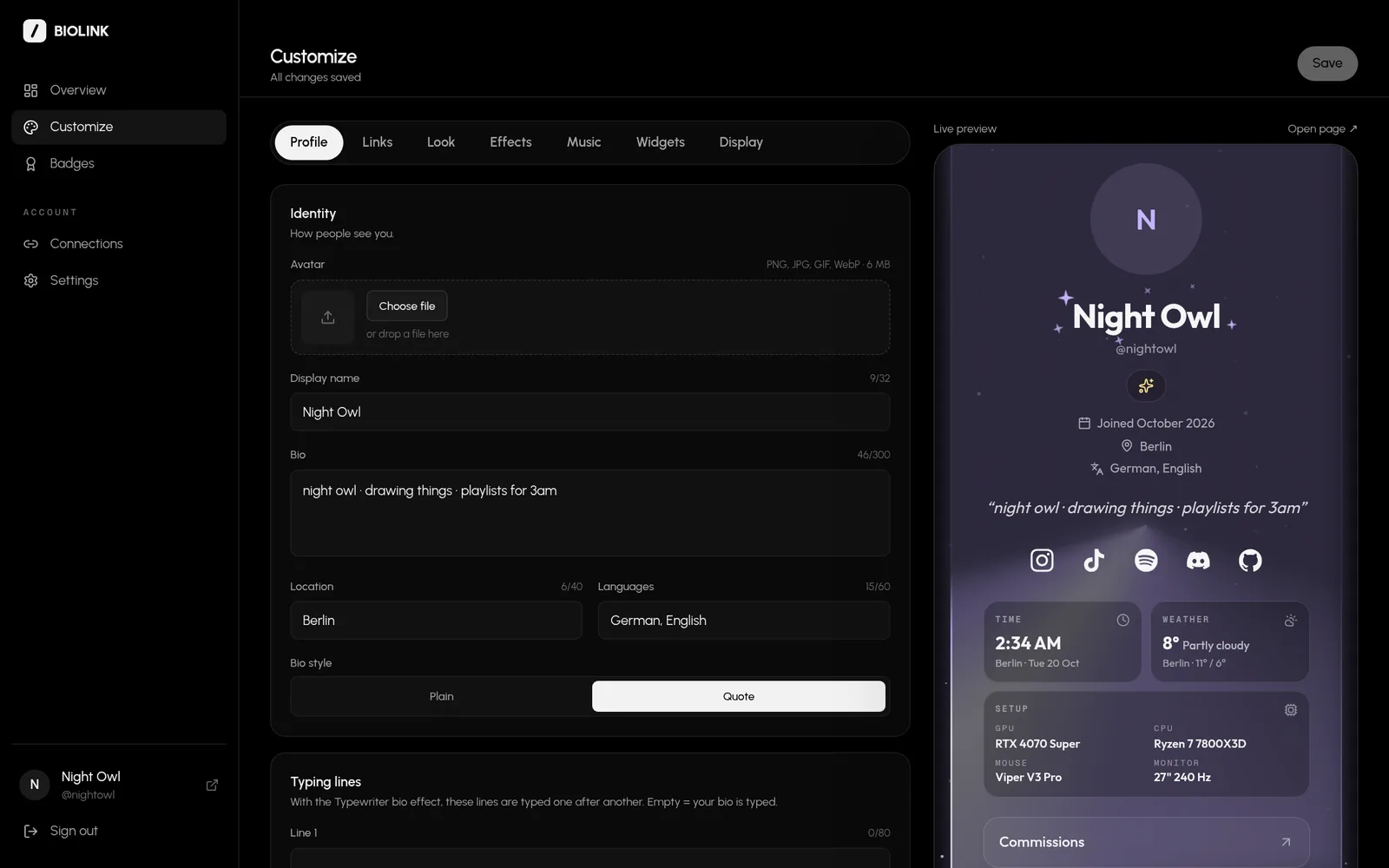 The Profile tab of the editor